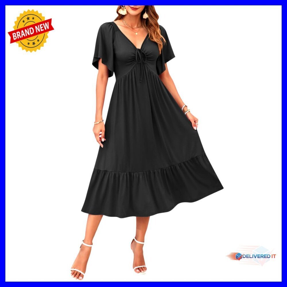 Summer Empire Waist Midi Dress V Neck Flutter Sleeve Casual Tiered - Picture 1 of 7